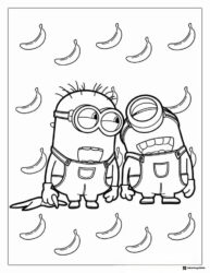 Two Minions Coloring Page with Floating Bananas