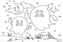 Two Scared Ghosts Coloring Page with Moon and Tombstone