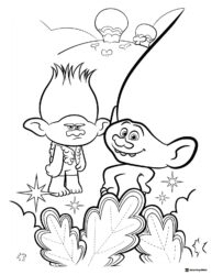 Two Trolls characters in a magical landscape coloring page