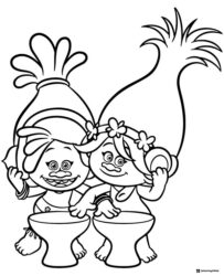 Two Trolls characters playing drums coloring page