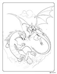 Two dragons flying and fighting in the sky coloring page