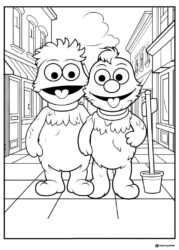 Two furry monsters Coloring Page on a city sidewalk