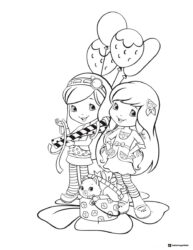 Two girls with balloons and a cat in a box coloring page