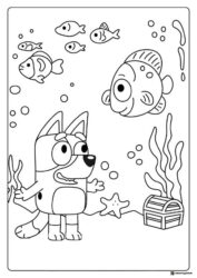 Underwater Bluey Coloring Page with Fish and Treasure Chest