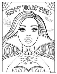 Vampire Barbie Coloring Sheet with Bats and Halloween Lettering