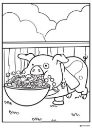 Waddles the pig eating from a bowl coloring sheet