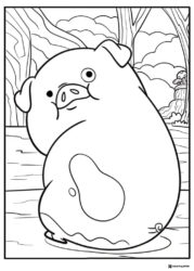 Waddles the pig sitting in the forest coloring sheet