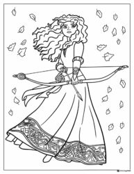 Warrior Princess Coloring Page with Bow and Autumn Leaves
