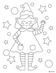 Waving Elf Coloring Page with Stars and Circles