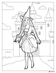 Witch Barbie Coloring Page in Front of a Castle
