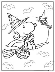 Witch Snoopy flying on broom with bats and pumpkin Coloring Page
