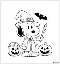 Witch Snoopy with pumpkins and a bat Coloring Page