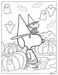 Witch Snoopy with pumpkins ghosts and bats Coloring Page