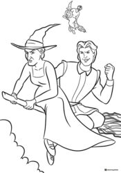 Witches and Prince Charming on Brooms Coloring Page