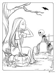 Woman on pumpkin skeleton in graveyard coloring page