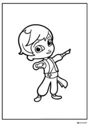 Young boy in genie style outfit pointing coloring page